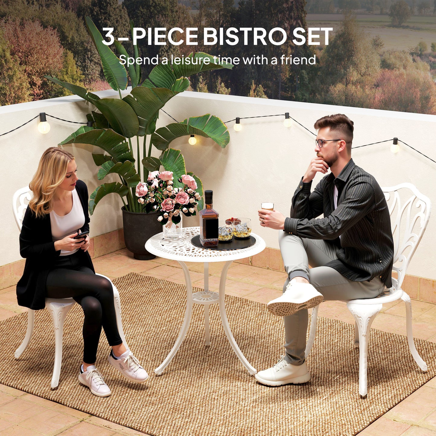 Outsunny 3-częściowy zestaw ogrodowy Bistro, zestaw mebli ogrodowych z odlewu aluminiowego z otworem na parasol na balkon, werandę, patio, biały
