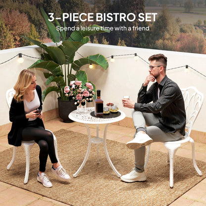 Outsunny 3-częściowy zestaw ogrodowy Bistro, zestaw mebli ogrodowych z odlewu aluminiowego z otworem na parasol na balkon, werandę, patio, biały