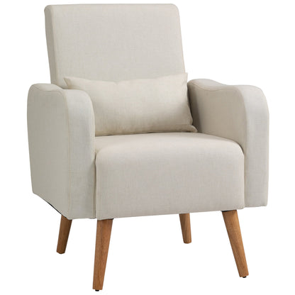 HOMCOM Accent Chair, Linen-Touch Armchair with Pillow, Upholstered Leisure Lounge Sofa for Living Room, Club Chair with Rubber Wooden Frame, Cream