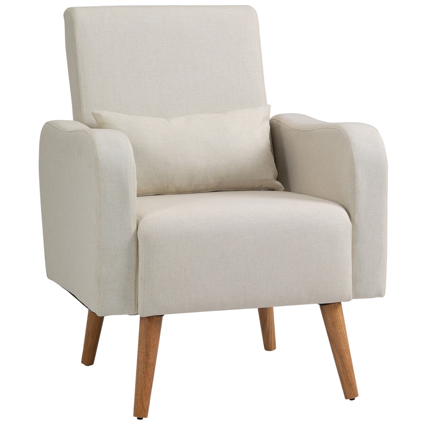 HOMCOM Accent Chair, Linen-Touch Armchair with Pillow, Upholstered Leisure Lounge Sofa for Living Room, Club Chair with Rubber Wooden Frame, Cream