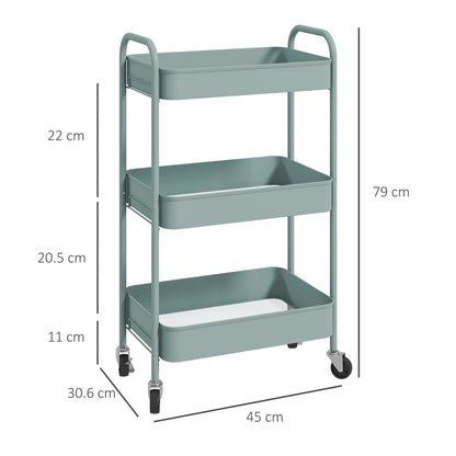 HOMCOM Three-Tier Steel Storage Trolley - Light Blue