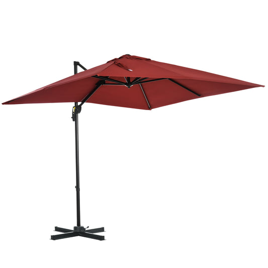Outsunny 2.5 x 2.5m Patio Offset Parasol Umbrella Cantilever Hanging Aluminium Sun Shade Canopy Shelter 360 Rotation with Crank Handle and Cross Base, Wine Red