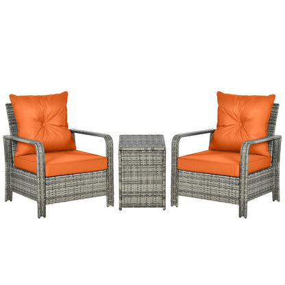 Outsunny 3 pcs PE Rattan Wicker Garden Furniture Patio Bistro Set Weave Conservatory Sofa Storage Table and Chairs Set Orange Cushion, Mixed Grey