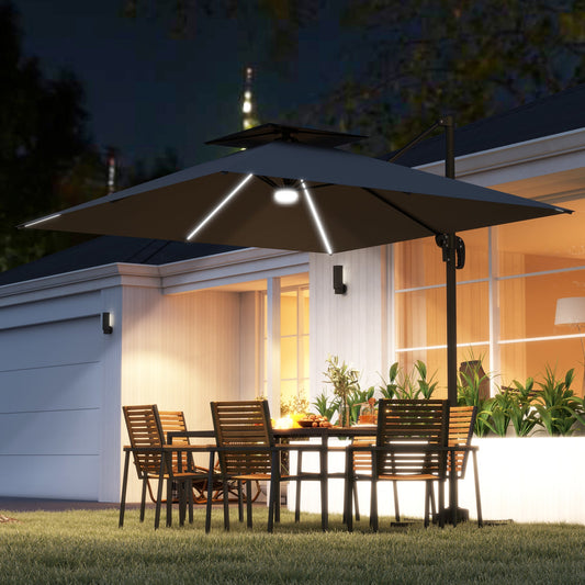 Outsunny 2,5 m parasol wspornikowy z lampami LED zasilanymi energią słoneczną, obrót 360√Ç¬∞, regulacja nachylenia, korba, ciemnoszary