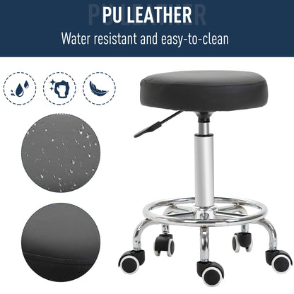 Vinsetto Round Rolling Stool, PU Leather Height Adjustable Stool Chair with Wheels and Swivel Seat for Salon, Massage, Spa, Home Kitchen, Black