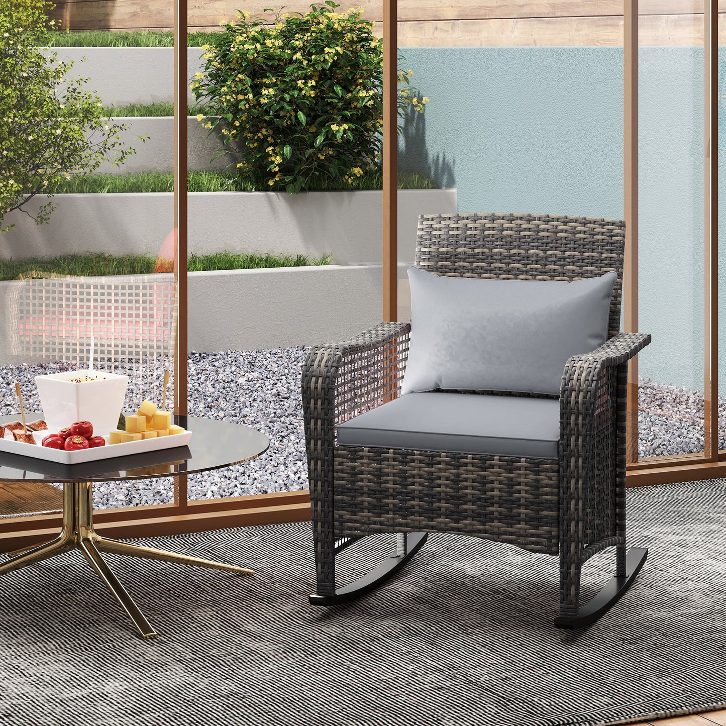 Fotel bujany Outsunny Rattan - jasnoszary