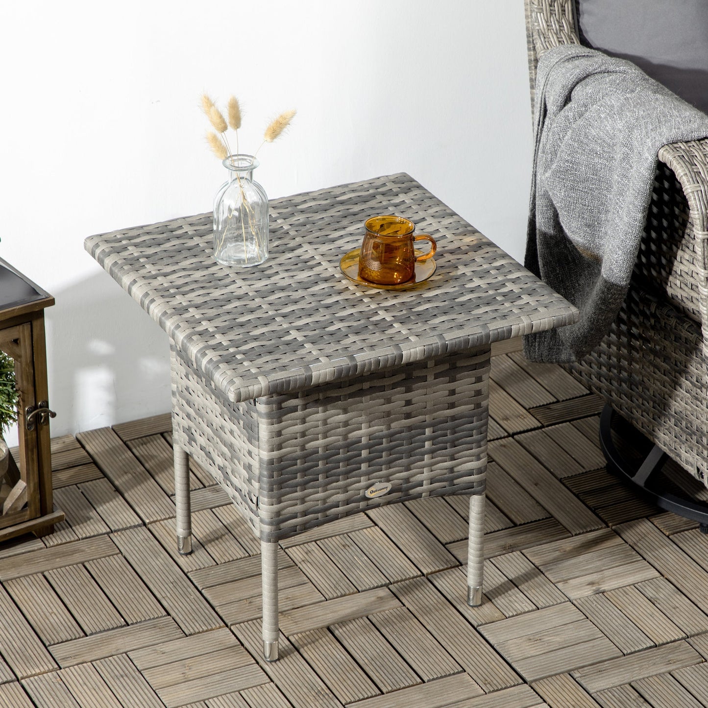 Outsunny Rattan Side Table, Outdoor Coffee Table, with Plastic Board Under the Full Woven Table Top for Patio, Garden, Balcony, Mixed Grey