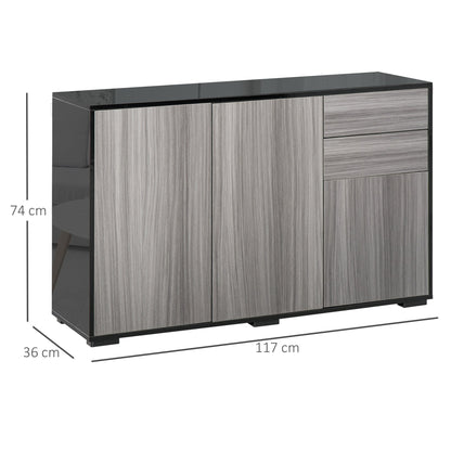 HOMCOM High Gloss Frame Sideboard, Side Cabinet, Push-Open Design with 2 Drawer for Living Room, Bedroom, Light Grey and Black