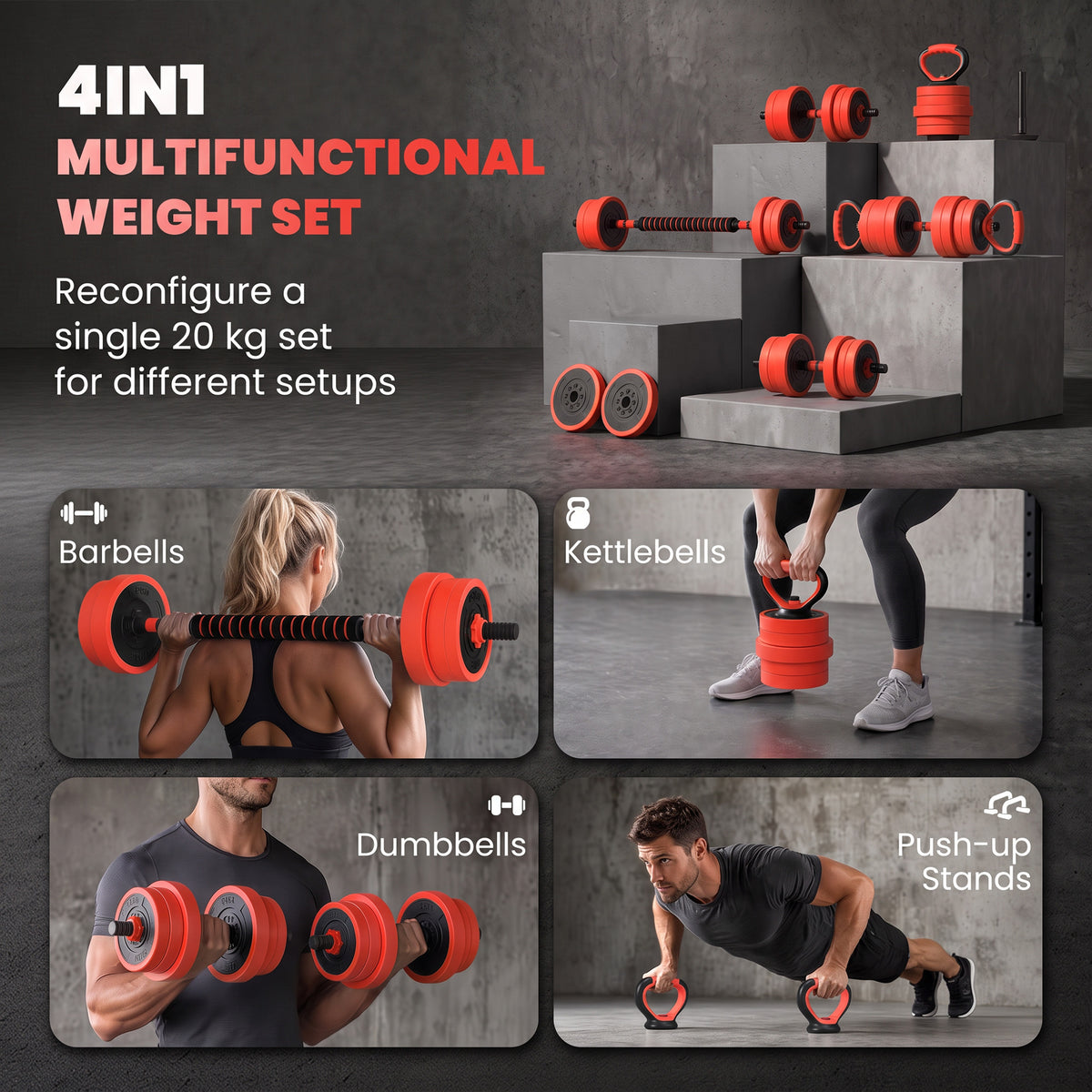 SPORTNOW 20kg 6-in-1 Adjustable Weight Dumbbells Set, Barbell, Kettlebell, Push Up Stand - Red