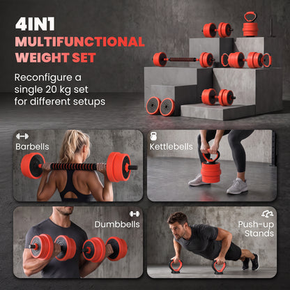 SPORTNOW 20kg 6-in-1 Adjustable Weight Dumbbells Set, Barbell, Kettlebell, Push Up Stand - Red