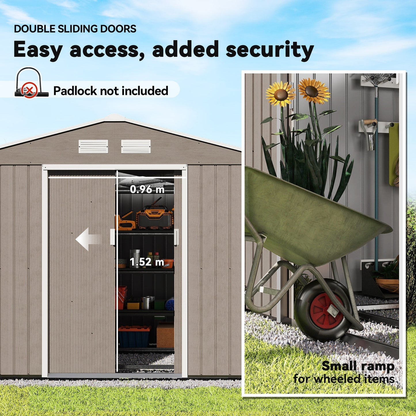 Outsunny 9 x 6ft Steel Garden Shed, Outdoor Storage Tool House with Vents, Foundation and Lockable Double Doors, Brown
