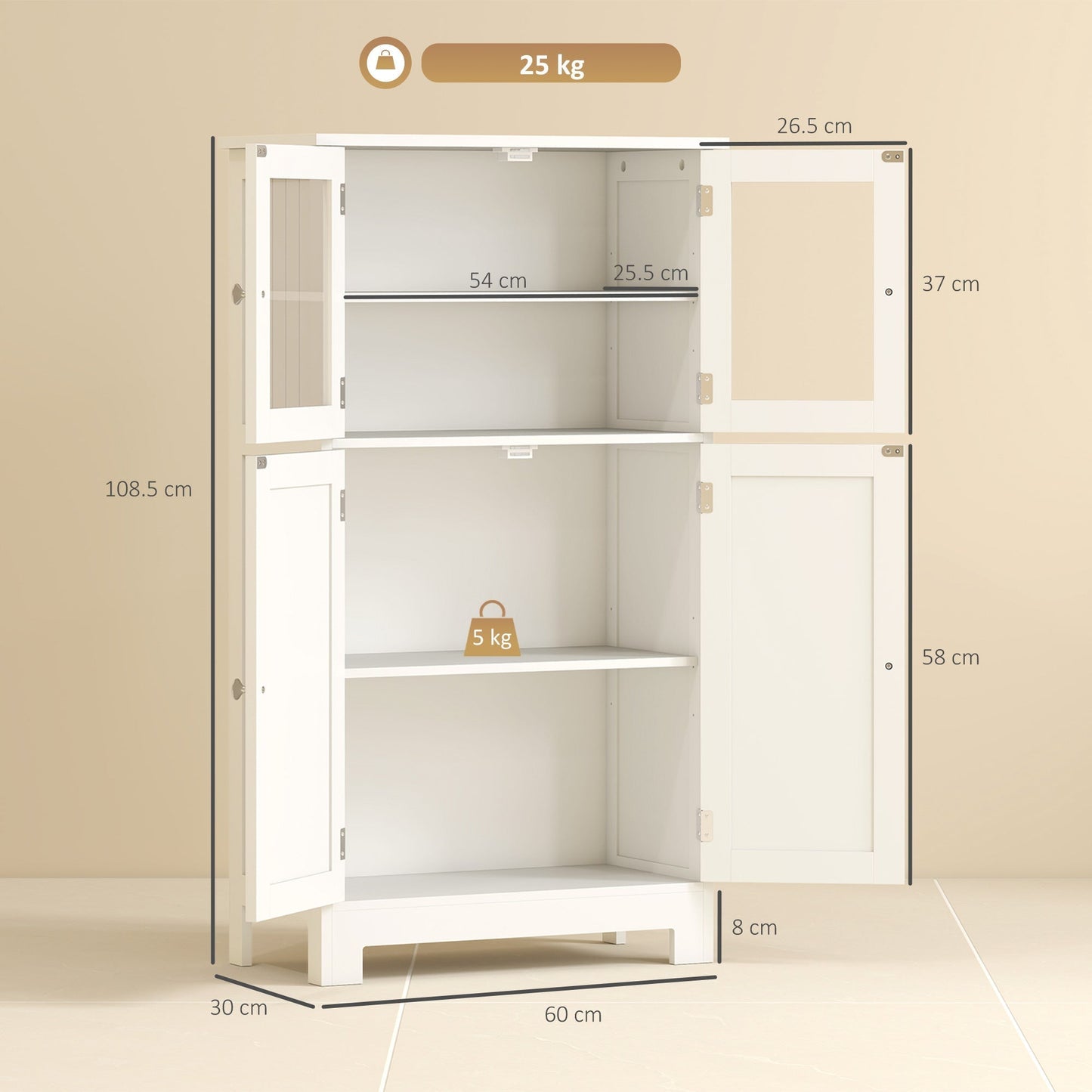 kleankin Bathroom Floor Cabinet, Freestanding Kitchen Cupboard with 2 Drawers, Adjustable Shelves and Tempered Glass Door, Wooden Storage Unit for Living Room Kitchen Hallway
