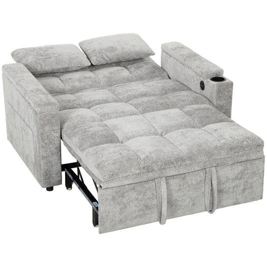 HOMCOM 2 Seater Sofa Bed, 3-in-1 Convertible Pull Out Sleeper Bed with Hidden Table, USB Port, Armrest Storage, Grey