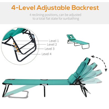 كرسي استلقاء للتشمس في الهواء الطلق قابل للطي من Outsunny مع مسند ظهر قابل للتعديل مع وسادة وفتحة للقراءة في حديقة الشاطئ، أخضر داكن