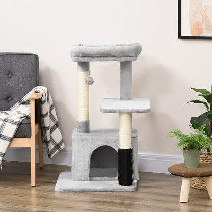 PawHut Cat Tree for Indoor Cats Climbing Tower Kitten Scratch Post Activity Center Kitten with Massage Toy Hanging Ball Bed Condo Perch 48 x 48 x 85cm Grey