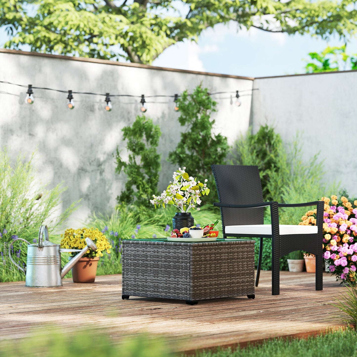 Outsunny 62 x 62cm Glass-Top Rattan Side Table - Dark Grey