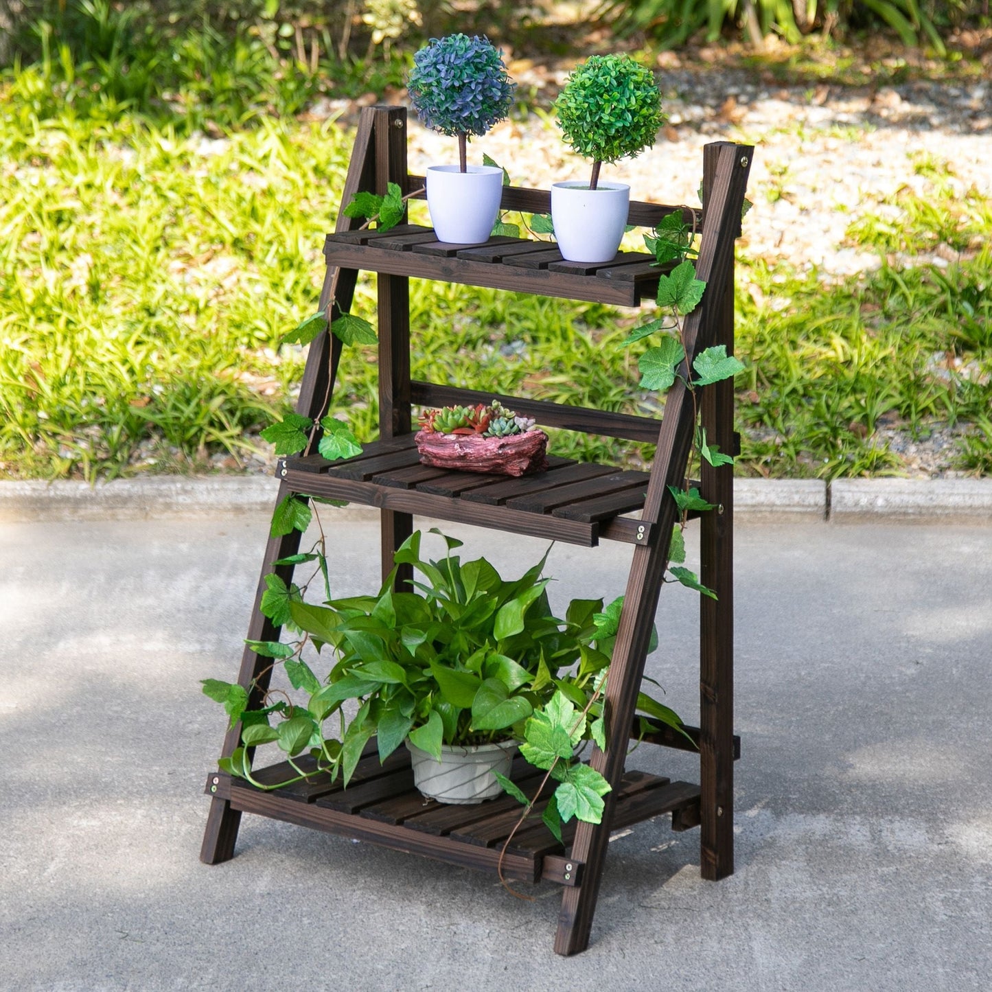 3 Tier Wooden Plant Shelf Foldable Plant Pots Holder Stand Indoor Outdoor 60L x 37W x 93H cm