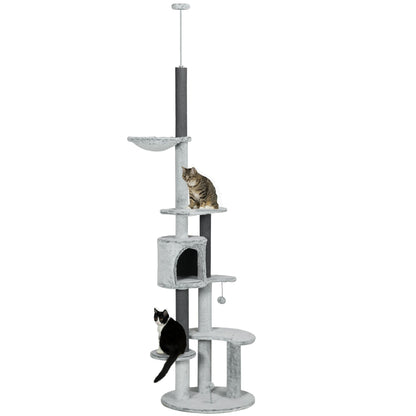 PawHut 255cm Floor to Ceiling Cat Tree with Scratching Posts, Height Adjustable Cat Tower with Hammock, House, Anti-tipping Kit, Perches, Toys, Grey