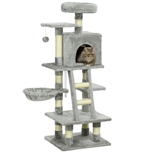 PawHut Plush Cat Tree, 125cm Cat Scratching Post for Indoor Large Cats with Hammock and Condo Activity Center Grey