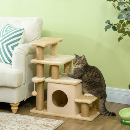 PawHut Adjustable Cat Steps, with House & Hanging Toy Ball - Beige