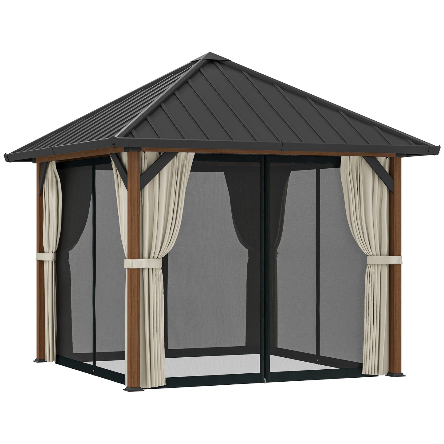 Outsunny 3 x 3(m) Hardtop Gazebo with Galvanised Steel Roof and Water Gutter, Waterproof Permanent Pavilion Garden Gazebo with Netting and Curtains for Patio, Deck, Walnut Wood Finish