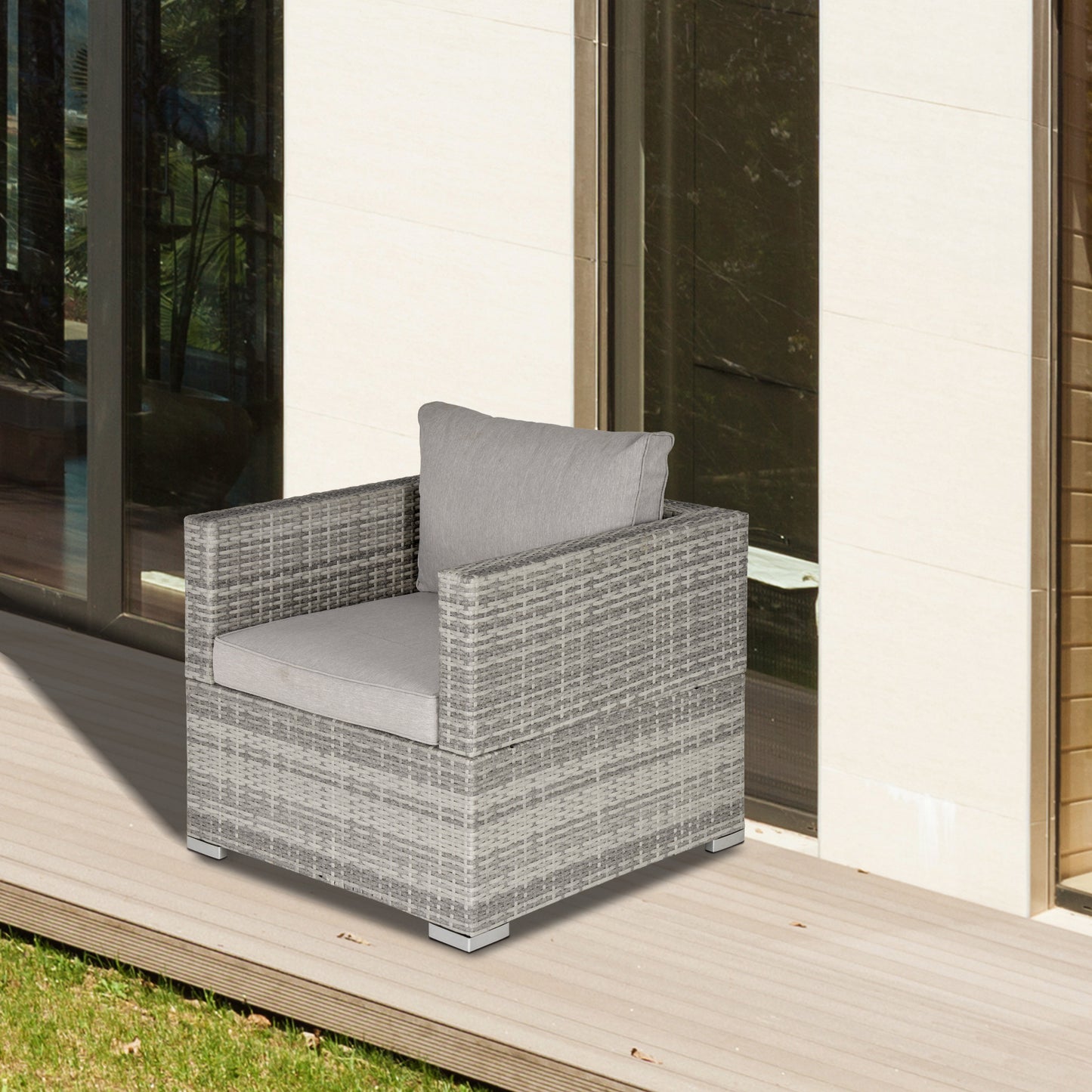 Outsunny Jednoosobowa sofa rattanowa z wyściełanymi poduszkami, fotel ogrodowy z plecionej wikliny PE, odporny na warunki atmosferyczne, z podłokietnikami, szary