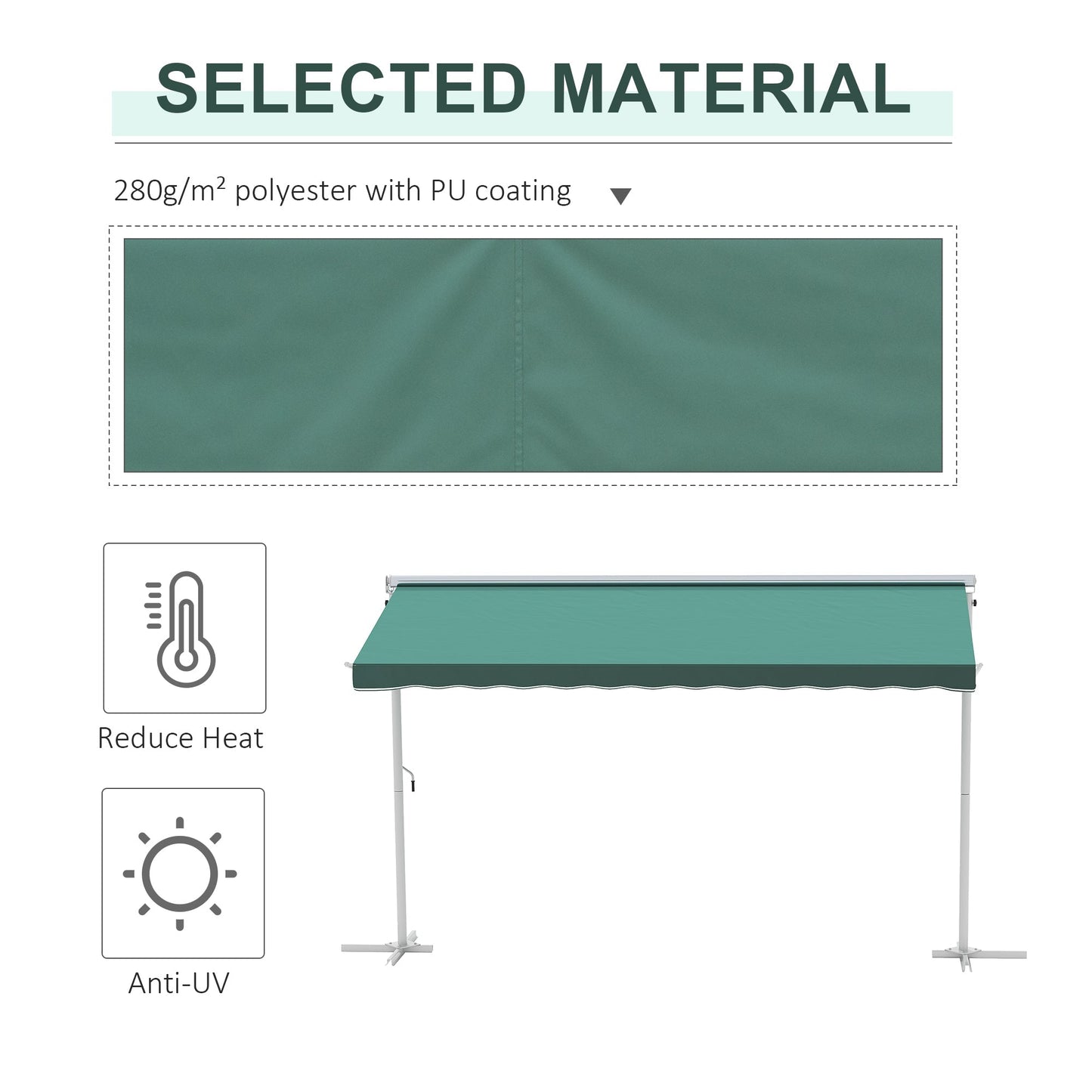 Outsunny 2 Side Manual Awning Garden Adjustable Canopy Free Standing Awning Shelter, 300 x 300 cm, Green and White