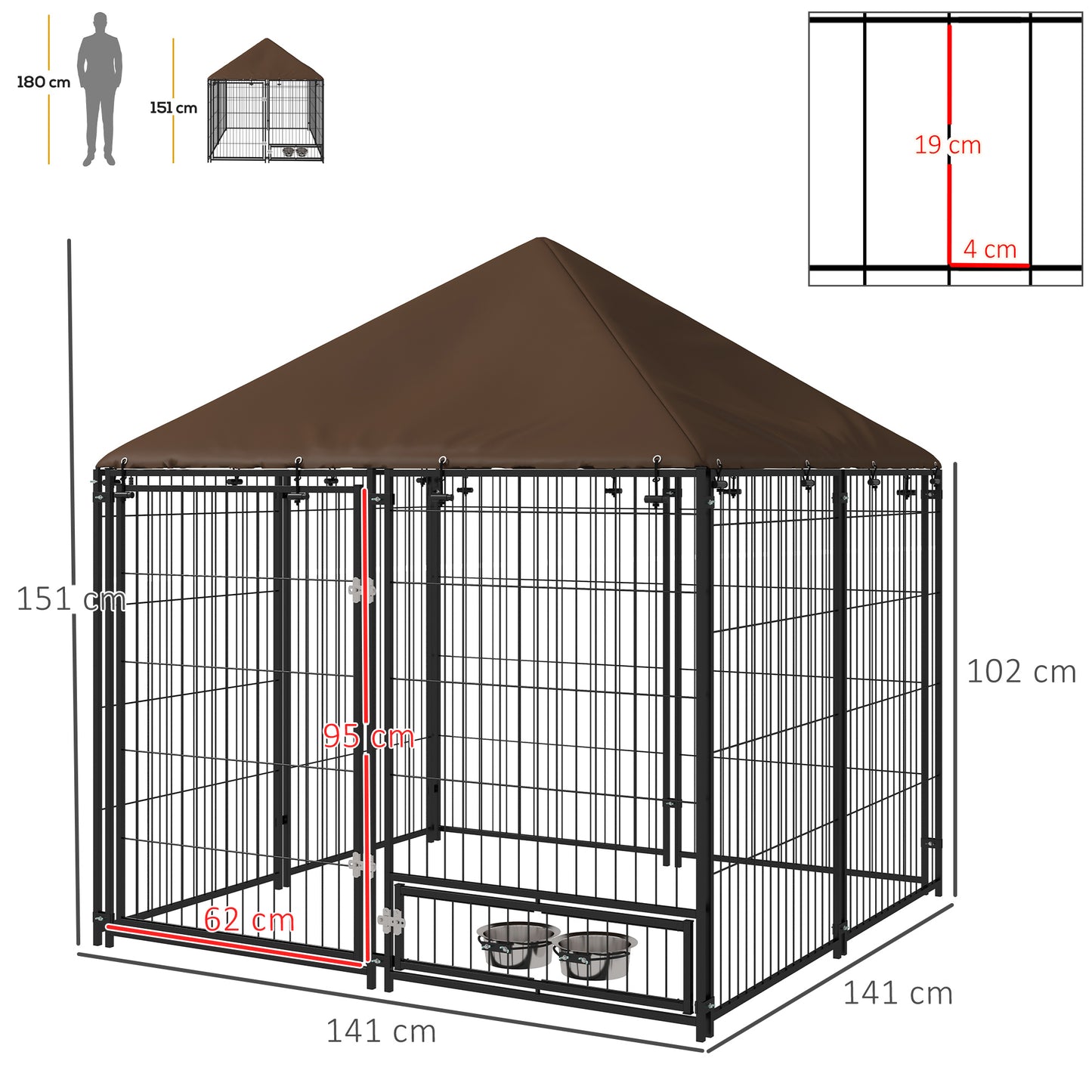 PawHut Outdoor Dog Kennel Puppy Play Pen z baldachimem Garden Playpen Fence Crate Enclosure Cage Rotating Bowl 141 x 141 x 151 cm