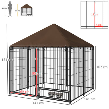 PawHut Outdoor Dog Kennel Puppy Play Pen z baldachimem Garden Playpen Fence Crate Enclosure Cage Rotating Bowl 141 x 141 x 151 cm