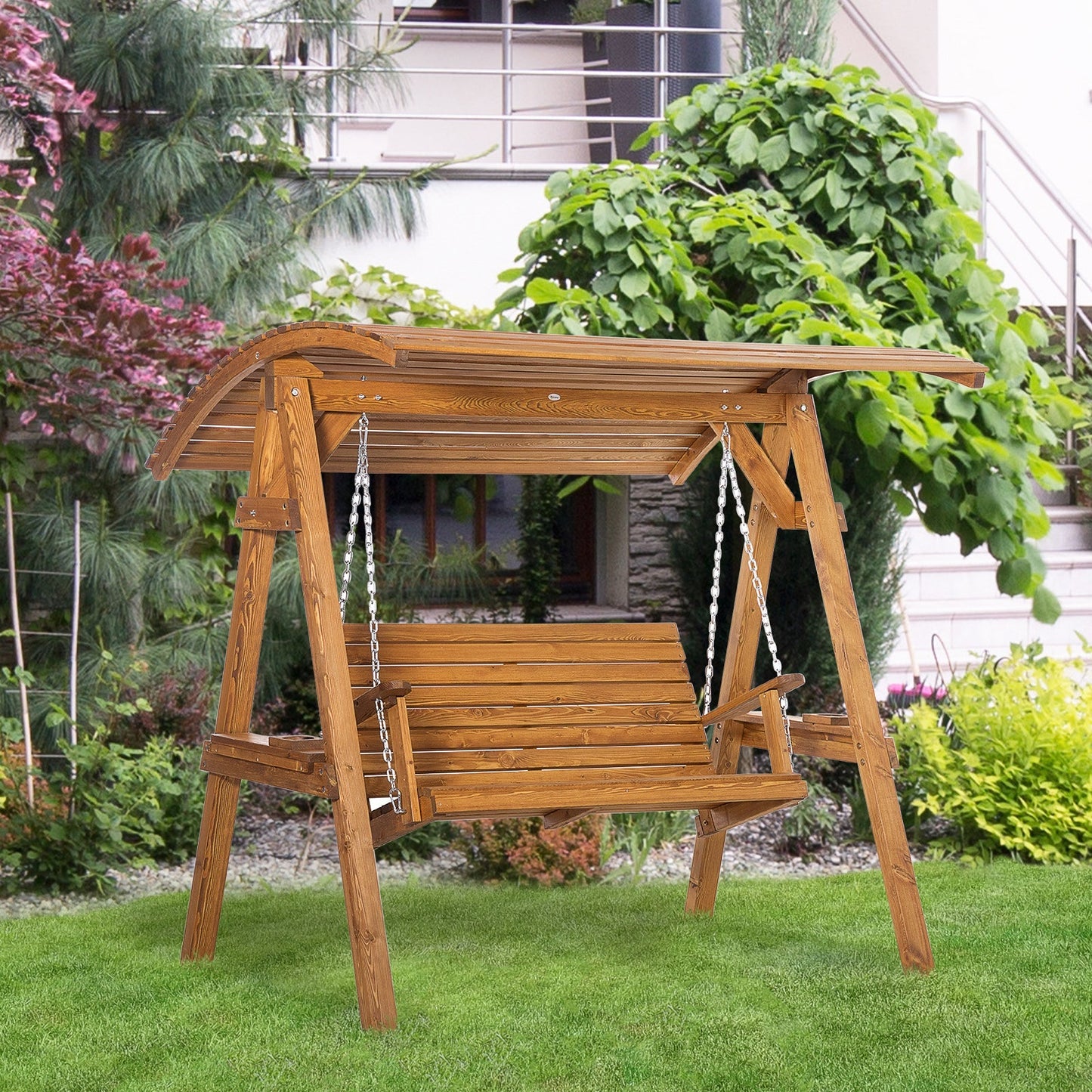 Outsunny 2 Seater Garden Swing Chair, Outdoor Canopy Swing Bench with Adjustable Shade and Solid Wood Frame