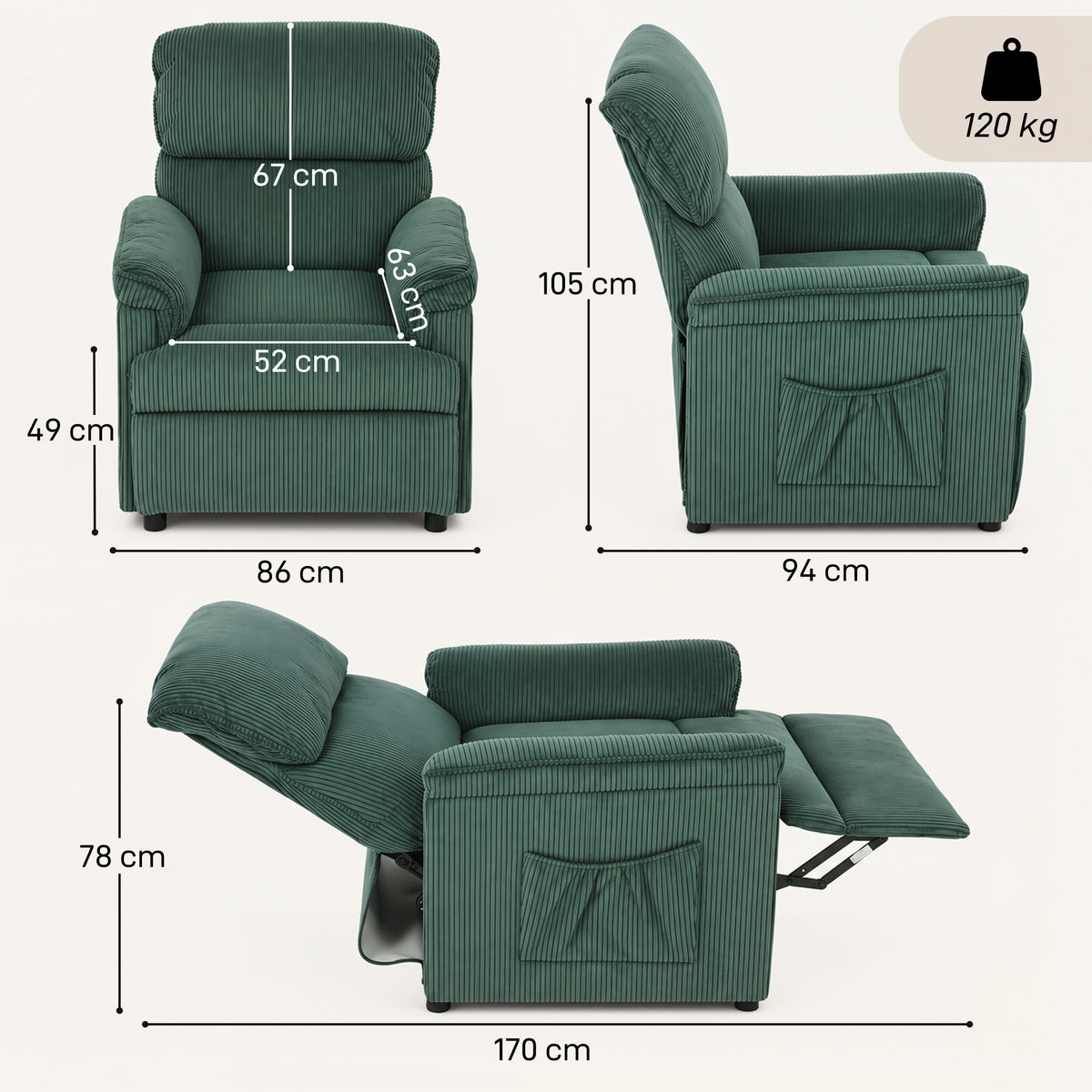 HOMCOM Corduroy Electric Recliner Armchair with Massage and Heat - Green