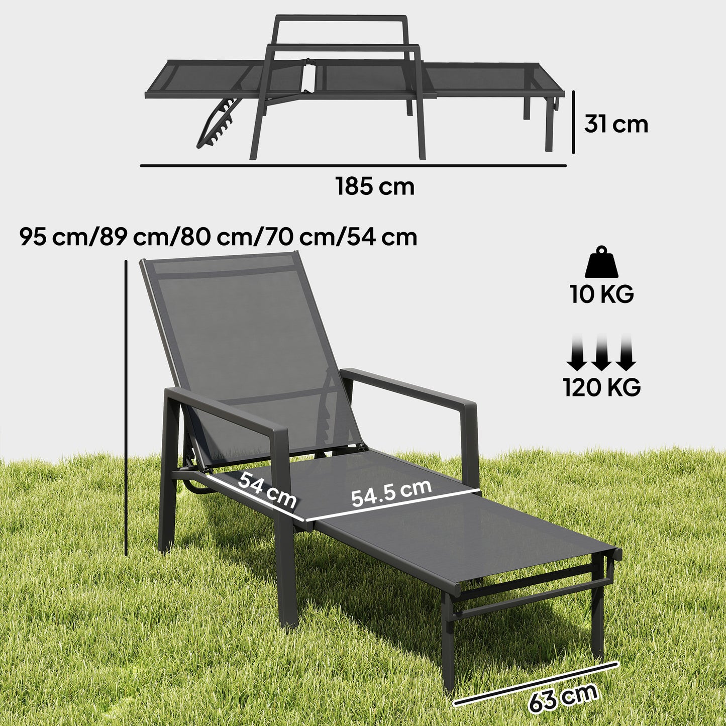 Outsunny Sun Lounger Retracable Footrest 5-Position Adjustable Steel Frame for Beach, Porch, Patio, Camping, Dark Grey