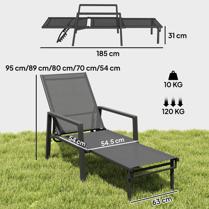 Outsunny Sun Lounger Retracable Footrest 5-Position Adjustable Steel Frame for Beach, Porch, Patio, Camping, Dark Grey