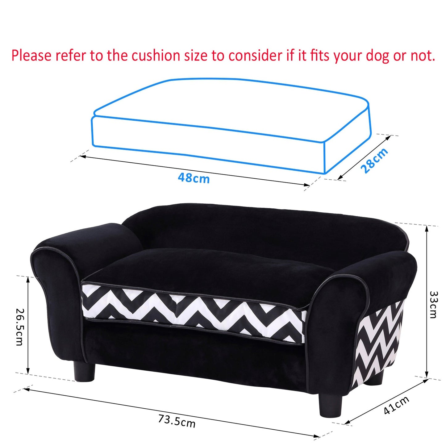 PawHut Dog Sofa Chair with Legs, Pet Couch with Soft Cushion Removable Cover for Small Dogs Cats, Black, 73.5 x 41 x 33 cm