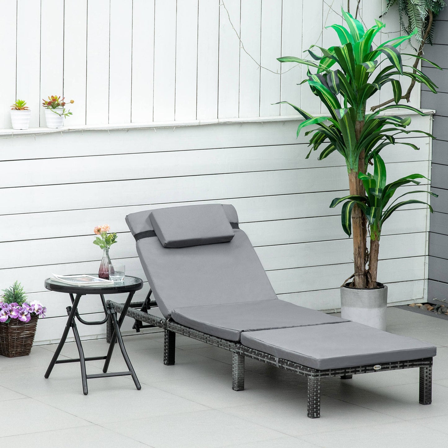 Outsunny PE Rattan Sun Lounger with Soft Padded Cushion, Patio 5-level Reclining Sun Lounger with Headrest, Grey