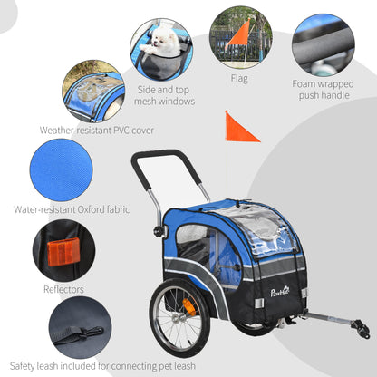 PawHut 2-in-1 Dog Bike Trailer Pet Cart Carrier Stroller for Bicycle with 360¡ Rotatable Front Wheel Reflectors Weather Resistant Canopy Hitch Coupler Flag Blue