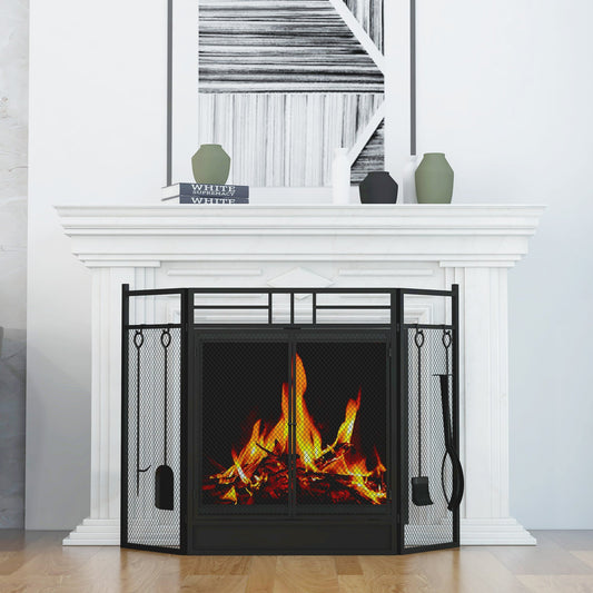 HOMCOM 3 Panel Folding Fireplace Screen with 4 Tools Set, Steel Mesh Spark Guard with Double Door for Open Fire, Log Burner, 122W x 80H cm, Black