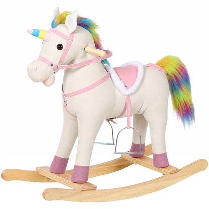 AIYAPLAY Rocking Horse, Unicorn Ride on Horse with Sounds and Stable Wooden Base for 1-3 Years, Cream White