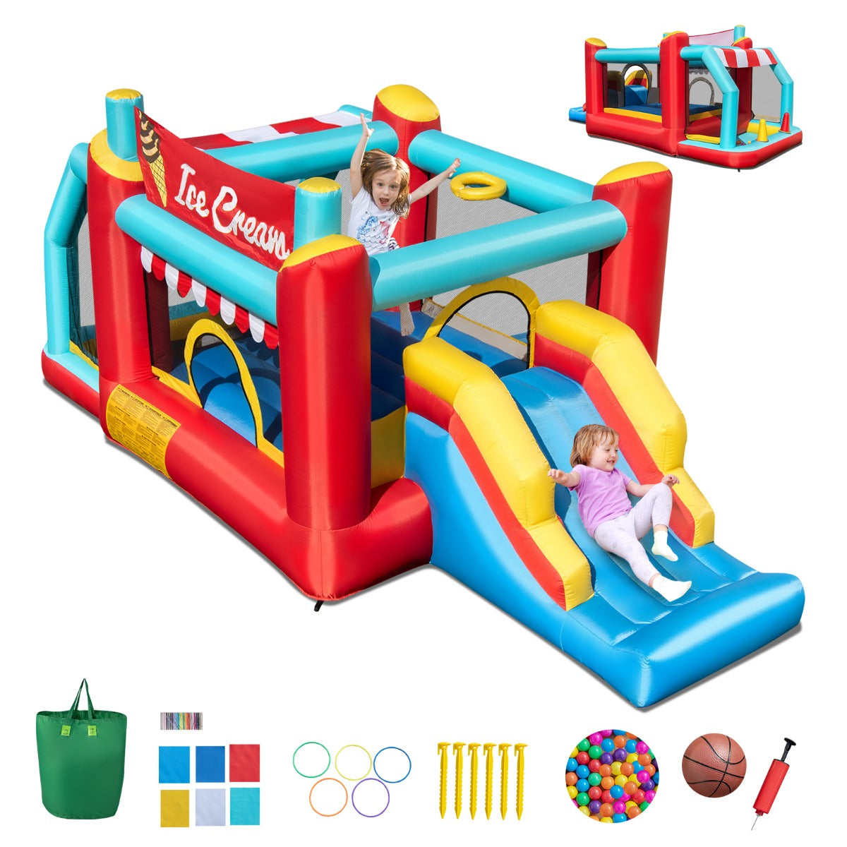 5-in-1 Ice Cream Jumping Castle Inflatable Bounce House with Slide without Blower