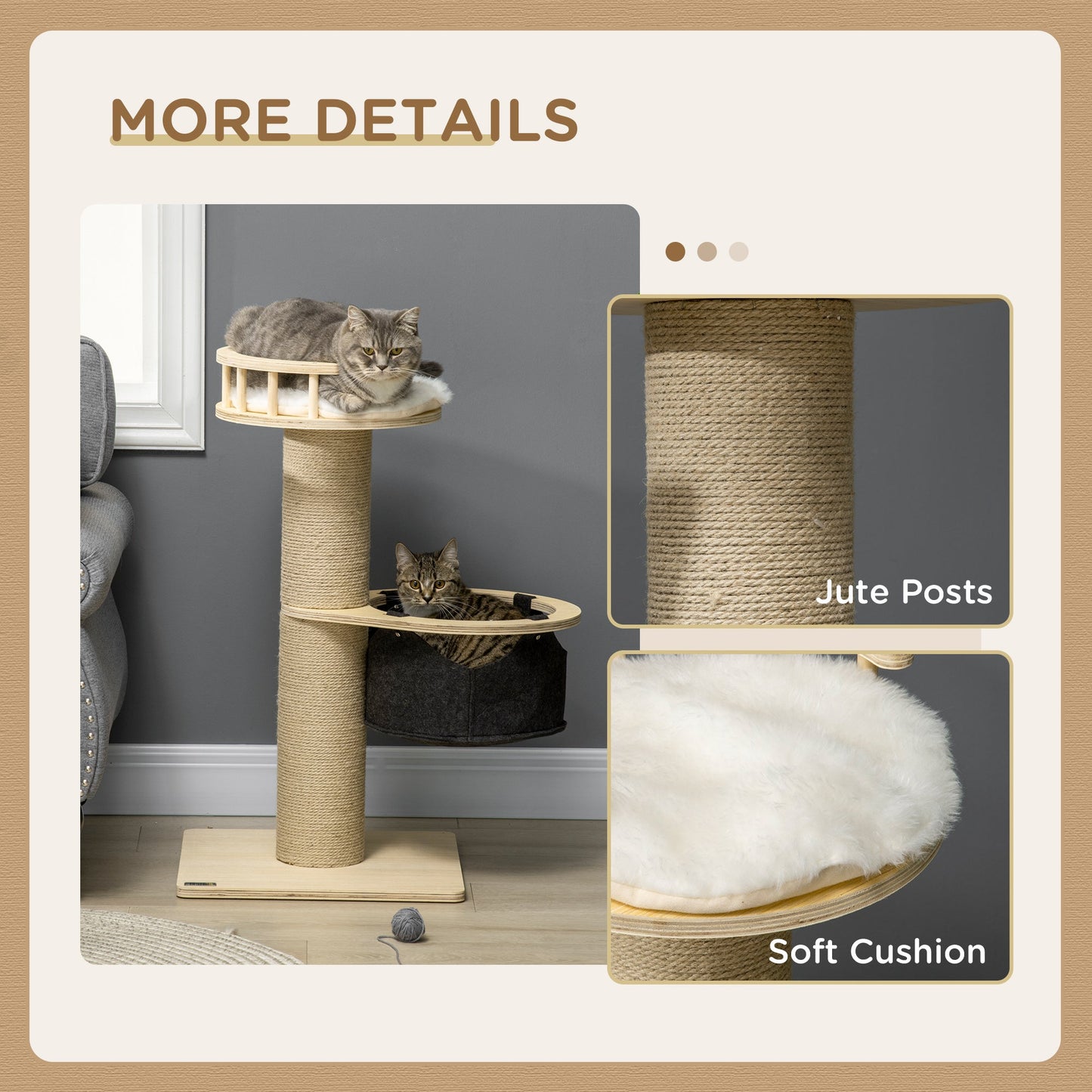 PawHut Cat Tree, with Hammock, Bed, Jute Scratching Post - Natural Finish