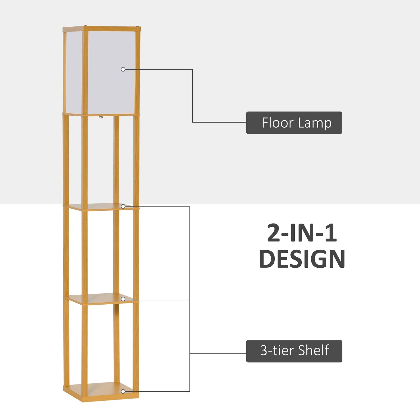 HOMCOM 3-Tier Floor Lamp, Floor Light with Storage Shelf, Reading Standing Lamp with Acrylic Shade for Living Room, Bedroom, Kitchen, Dining Room, Office, Dorm, 160cm, Natural
