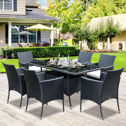 Outsunny 6 Seater Rattan Dining Set with Cushions, Rattan Garden Furniture Set with 6 Armchairs, Rectangular Glass Top Table, Outdoor Dining Table and Chairs, Black