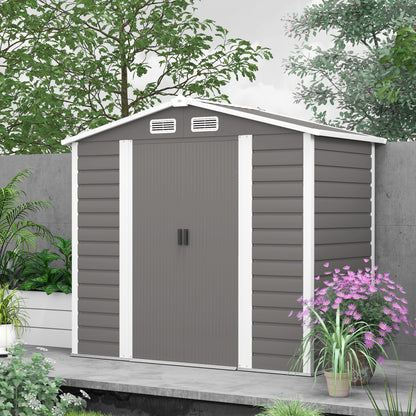 Outsunny 7 x 4ft Garden Shed, łatwy w montażu, ulepszona ocynkowana stalowa rama z zestawem fundamentowym, podwójne drzwi z zamkiem, metalowa szopa zewnętrzna z otworami wentylacyjnymi i rękawicami, ogrodowa szopa magazynowa, jasnoszary