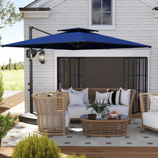 Parasol ogrodowy Outsunny Cantilever z obciążoną podstawą, podwójny, kwadratowy, wiszący parasol tarasowy, z korbką, ciemnoniebieski