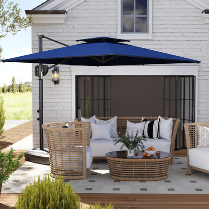 Parasol ogrodowy Outsunny Cantilever z obciążoną podstawą, podwójny, kwadratowy, wiszący parasol tarasowy, z korbką, ciemnoniebieski
