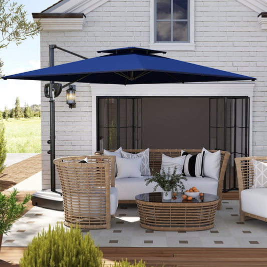 Parasol ogrodowy Outsunny Cantilever z obciążoną podstawą, podwójny, kwadratowy, wiszący parasol tarasowy, z korbką, ciemnoniebieski