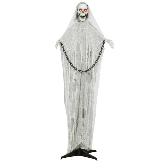 Outsunny 183 cm Life Size Halloween Animated Skeleton Grim Reaper with Glowing LED Eyes, Scary Halloween Decorations, Battery Operated, Indoor Party Props