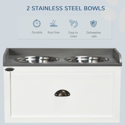 PawHut Stainless Steel Raised Dog Bowls, with 21L Storage Drawer for Large Dogs and Cats - White