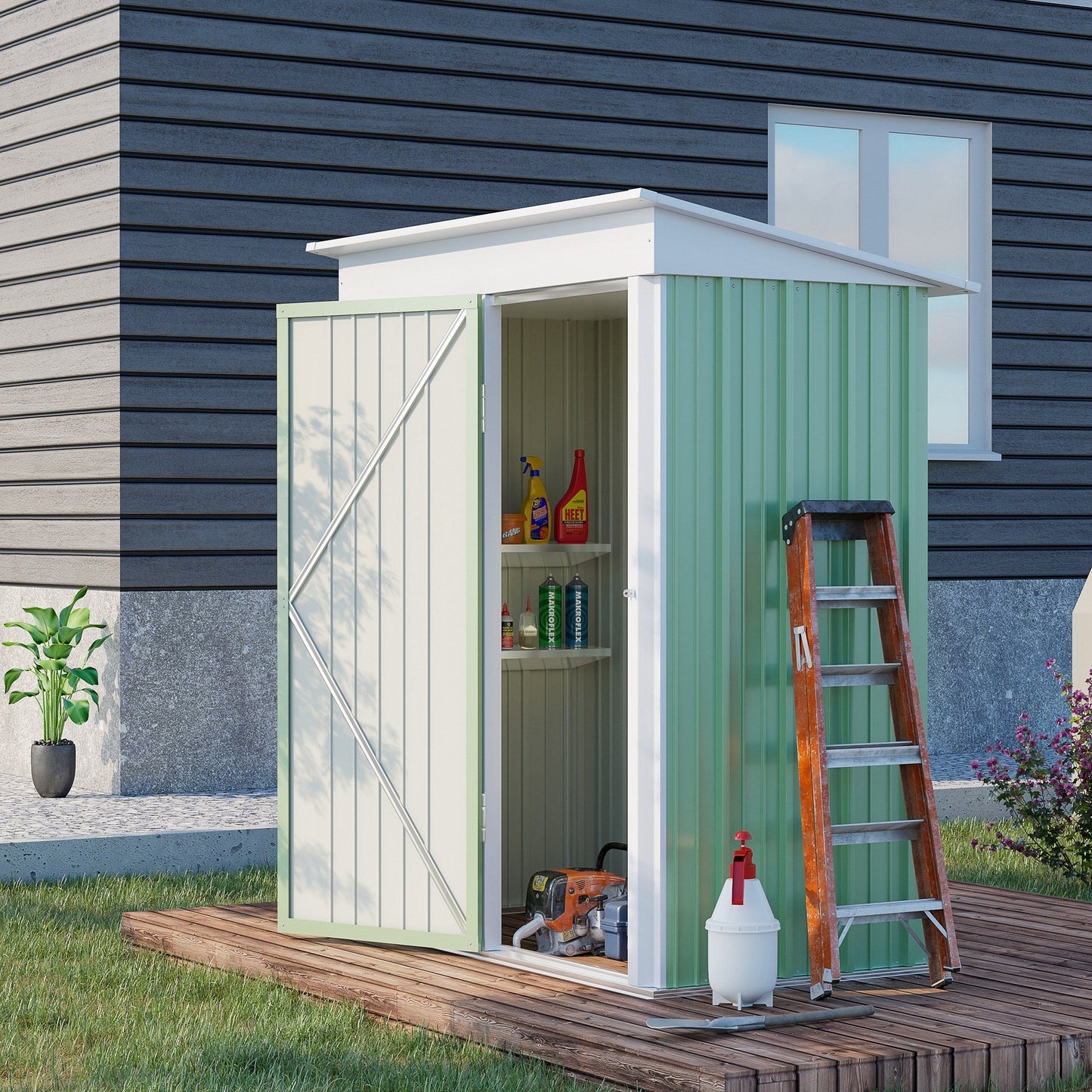 Outsunny 5'x3'x6' Metal Garden Shed Roofed Lean-to Shed for Tool Motor Bike, with Adjustable Shelf, Lock, Gloves, Green