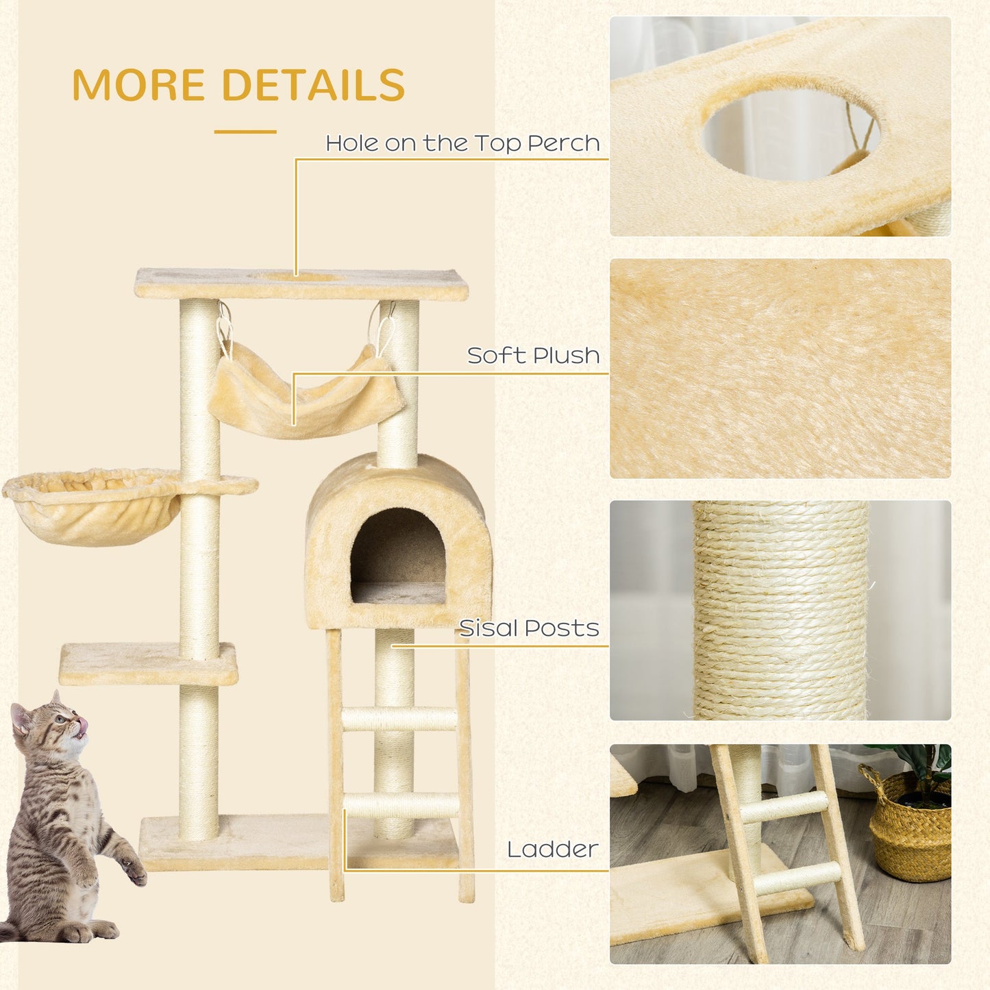 PawHut Cat Tree Tower for Indoor Cats Kitten Activity Centre Scratching Post w/ Hammock House Basket Ladder - Beige